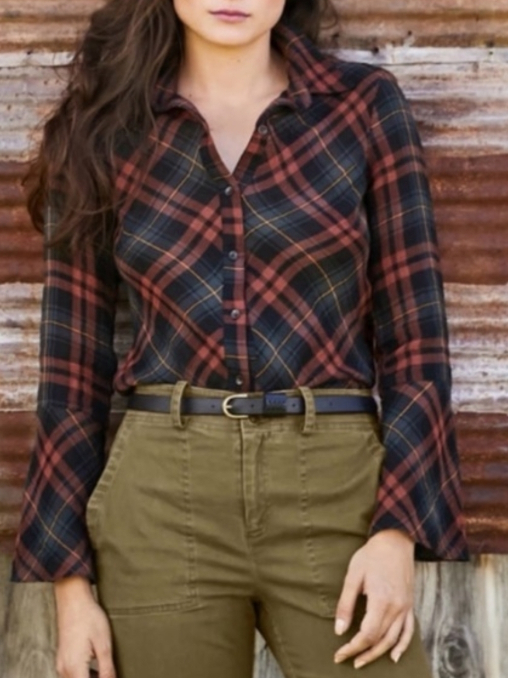 Peruvian Connection Cotton Plaid Fluted Sleeve Button Down Shirt